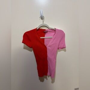 STAUD Ribbed Two-Tone Button Front Top - Red & Pink